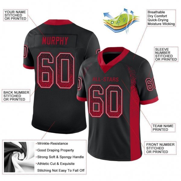 Women's Custom Black Red-Gray Mesh Drift Fashion Football Jersey