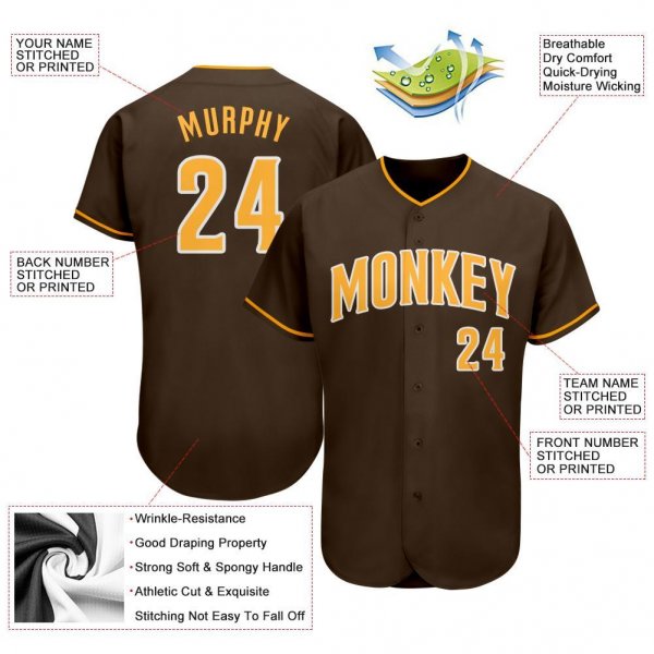 Kid's Custom Brown Gold-White Authentic Baseball Jersey