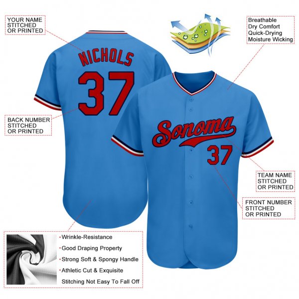 Men's Custom Powder Blue Red-Navy Authentic Baseball Jersey