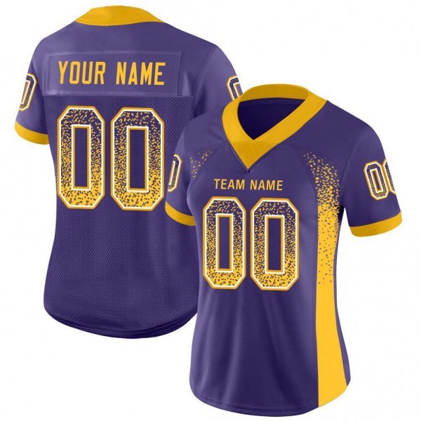 Women's Custom Purple Gold-White Mesh Drift Fashion Football Jersey