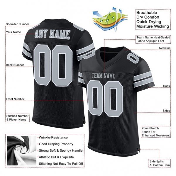 Men's Custom Black Silver-White Mesh Authentic Football Jersey