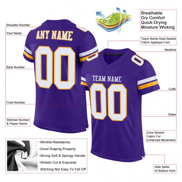 Men's Custom Purple White-Gold Mesh Authentic Football Jersey