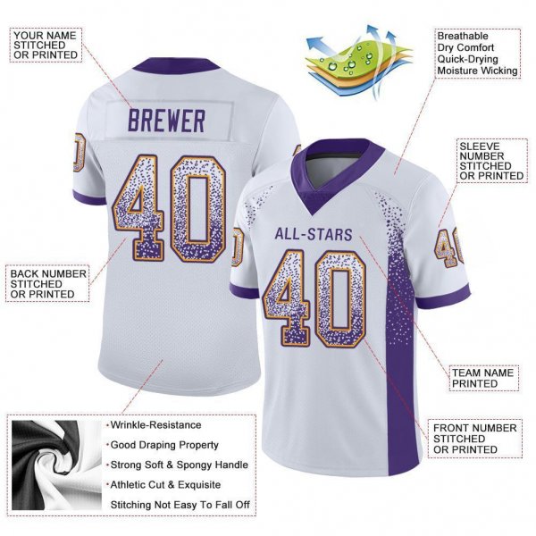 Women's Custom White Purple-Gold Mesh Drift Fashion Football Jersey