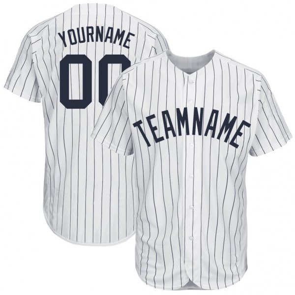 Youth Custom White Navy Pinstripe Navy Baseball Jersey