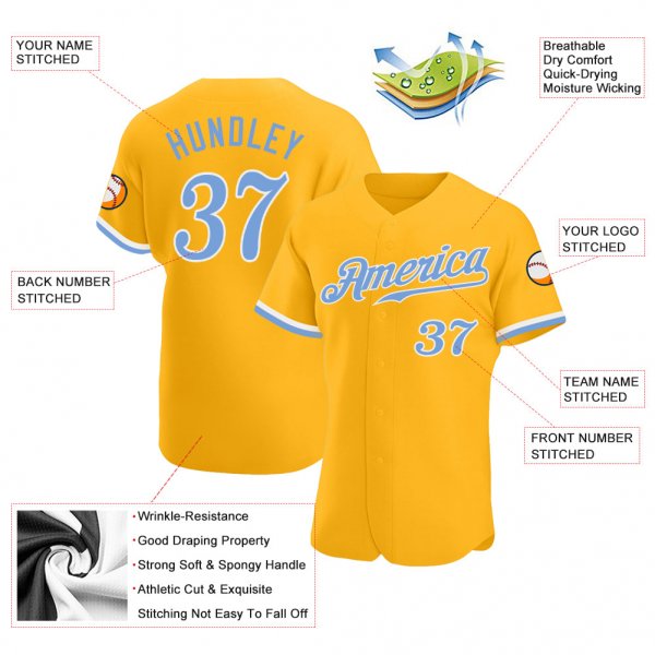 Kid's Custom Gold Light Blue-White Authentic Baseball Jersey